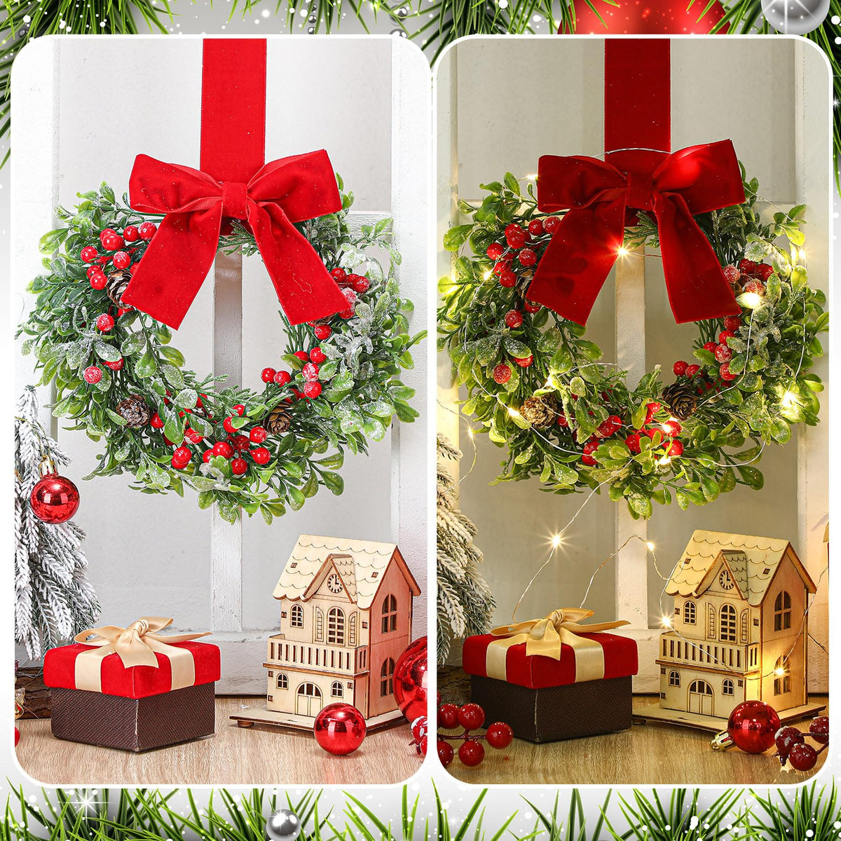 Thiccywoov 2 Pcs 9 Mini Christmas Wreath for Front Door Christmas Artificial Red Berries Parasitic Leaf Winter Wreath for Cabinet Wedding Window Home Wall Indoor Decor
