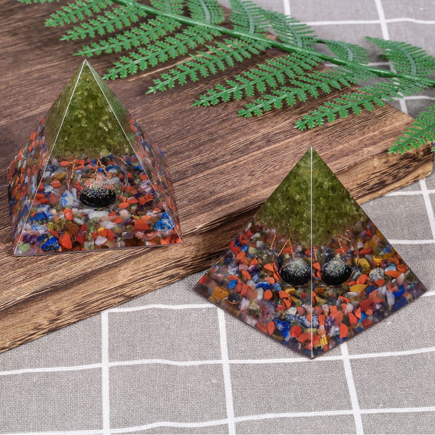 Rockcloud Tree of Life Orgone Pyramid Crystal Stone with Glass Sphere for Home Office Decor, Energy Generator for Meditation Yoga Reiki, Olivine and Mixed Stones
