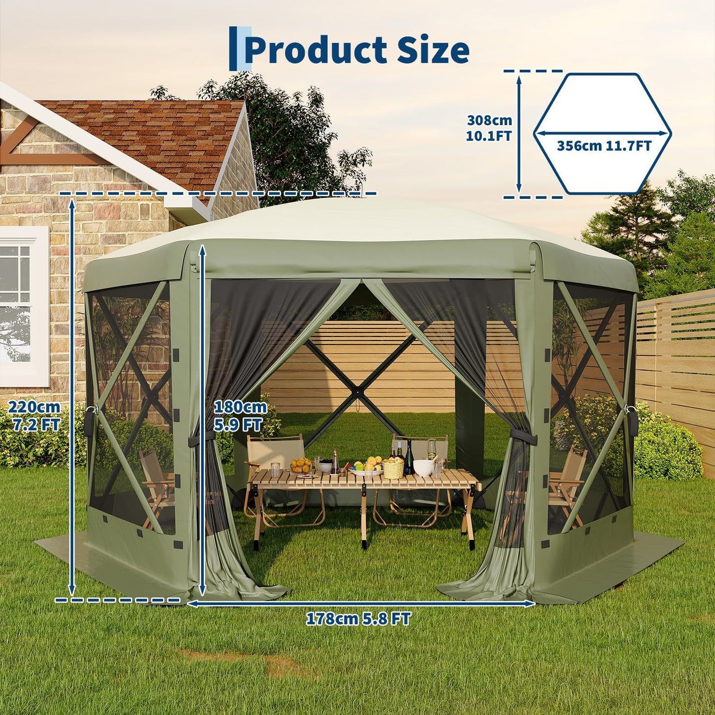 MilleLoom 11.5x11.5FT 6-Sided Gazebo Tent, One-Push Setup Canopy with Mesh Panels & Removable Wind Cloths, Outdoor Shelter for Backyard Parties Camping Events, Army Green
