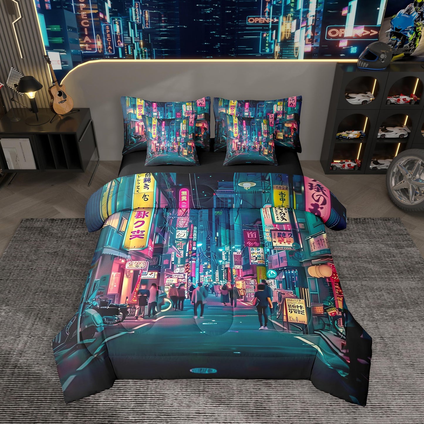 Feelyou Japanese Art Comforter Set 7 Pieces Full Size Tokyo Anime Bedding Set for Boys Girls Japan Night City Bed in a Bag with Comforter, Sheets, Pillowcases & Cushion Covers