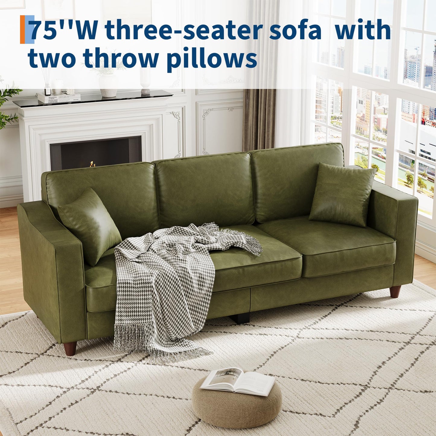 Garvee 85 Inches 3-Seater Sofa Couch with 2 Throw Pillows, Faux Leather Couch with Wide Armrests, Wood Legs, Deep Seats, Back Cushion, Sturdy Support Feet, Sofa Couches for Living Room, Olive Green