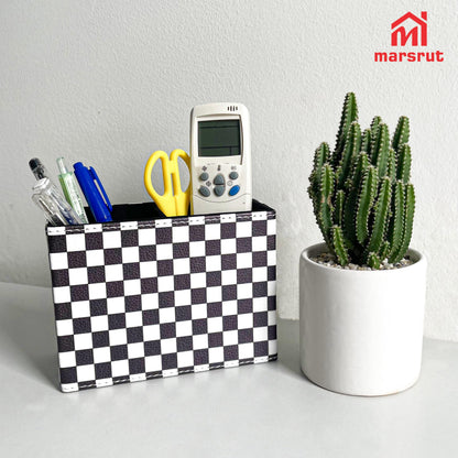 Checkered Pencil Box Desk Accessories for Office Decor, Desktop Pen Holder, Black White Racing Style Organizer Case Stand Cup Storage for Makeup Brush Study Table, with 2 Compartments, Sturdy Leather