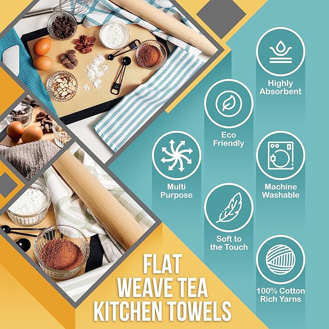 KAF Home Premium Kitchen Towels, Large 100% Cotton, Flat & Terry Absorbent Dish