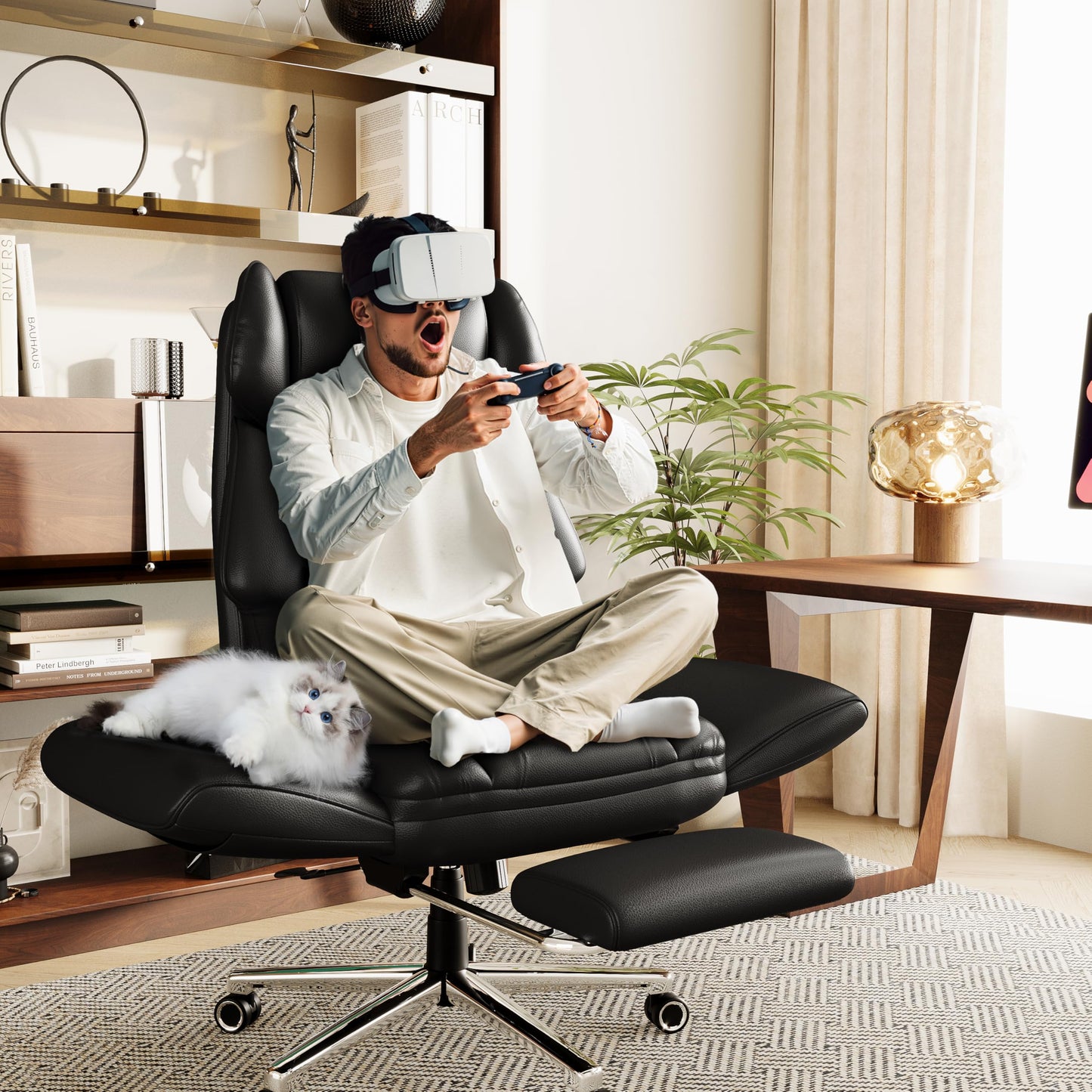 GABRYLLY Criss Cross Chair with Footrest, Big and Tall Office Chair - Wide Seat, Reversible Armrests, 120°Tilt, 400LBS Heavy-Duty Executive Leather Chair for Working, Gaming & Meditation, Grey