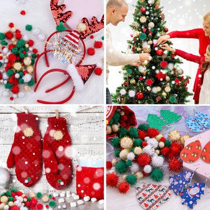 BQTQ 1200 Pieces Christmas Pom Pom Tinsel Balls Glitter Fluffy for Craft Making and Decorations (4 Sizes, Gold, White, Green, Red)