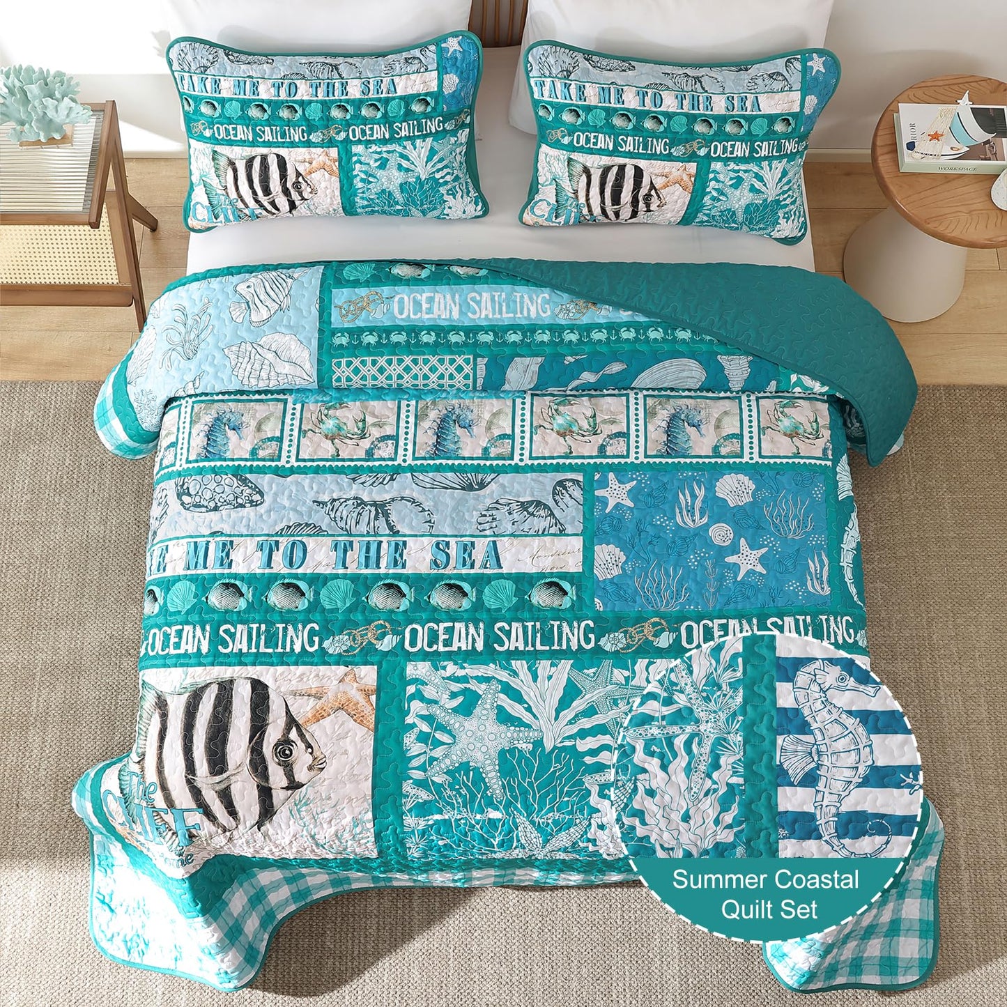 DJY Coastal King Size Quilt Set 3 Piece,Summer Beach Bedspread Coverlet Lightweight Green Ocean Theme Plaid Patchwork Bedding Set with Shams,Reversible Microfiber Comforter Set for All Seasons