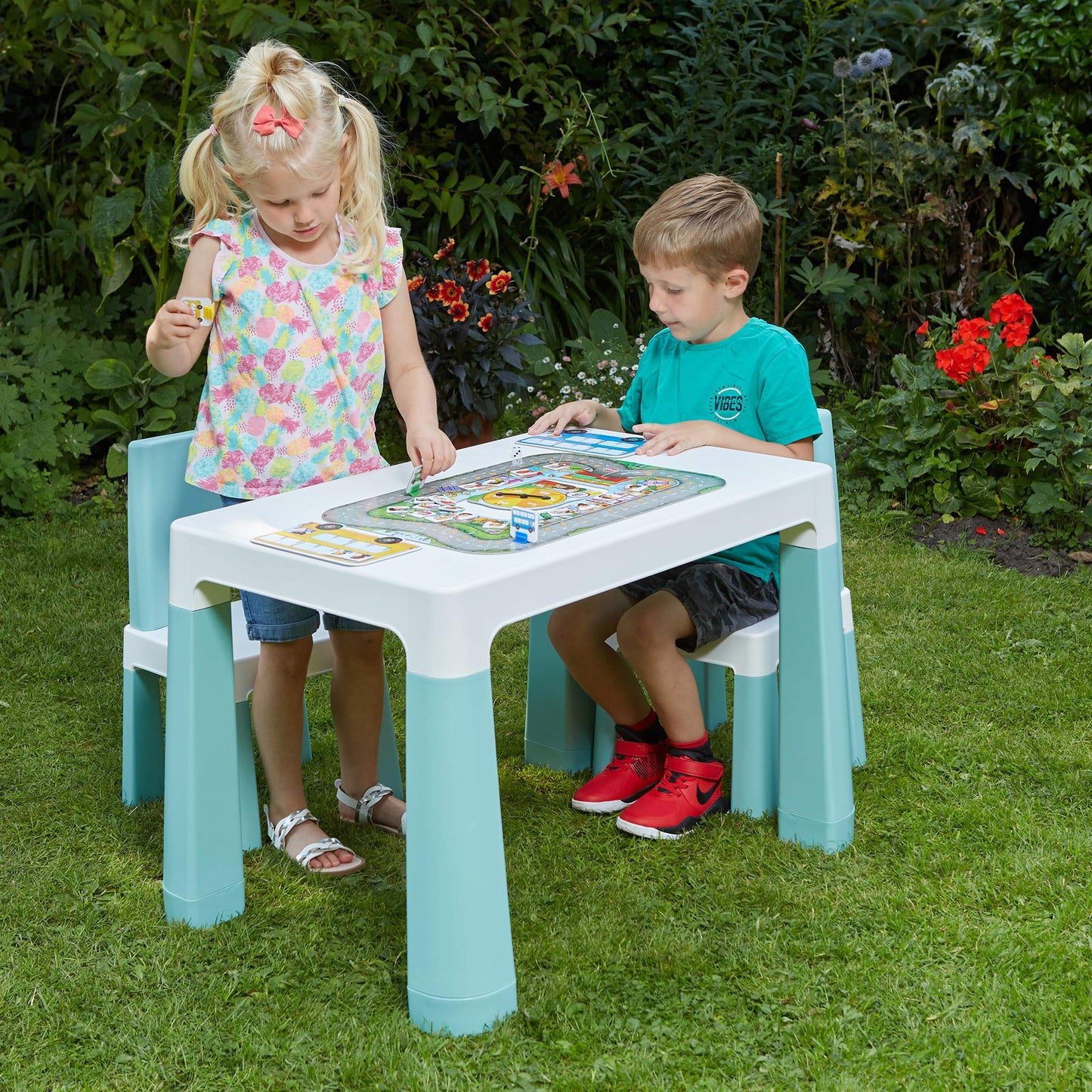Liberty House Toys Kids Height Adjustable Table and 2 Chairs, Tough Durable Polypropylene, White and Forest Green, 49/54cm H x 50cm W x 78cm D,H490/ 540 x W780 x D500mm