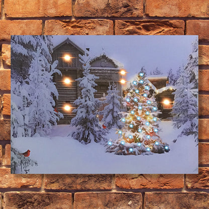 BANBERRY DESIGNS Lighted Wall Art - Cabin in the Woods Christmas Canvas Prints - Canvas Holiday Print with Cardinals Snow and Trees - LED - Measures 12" X 16"