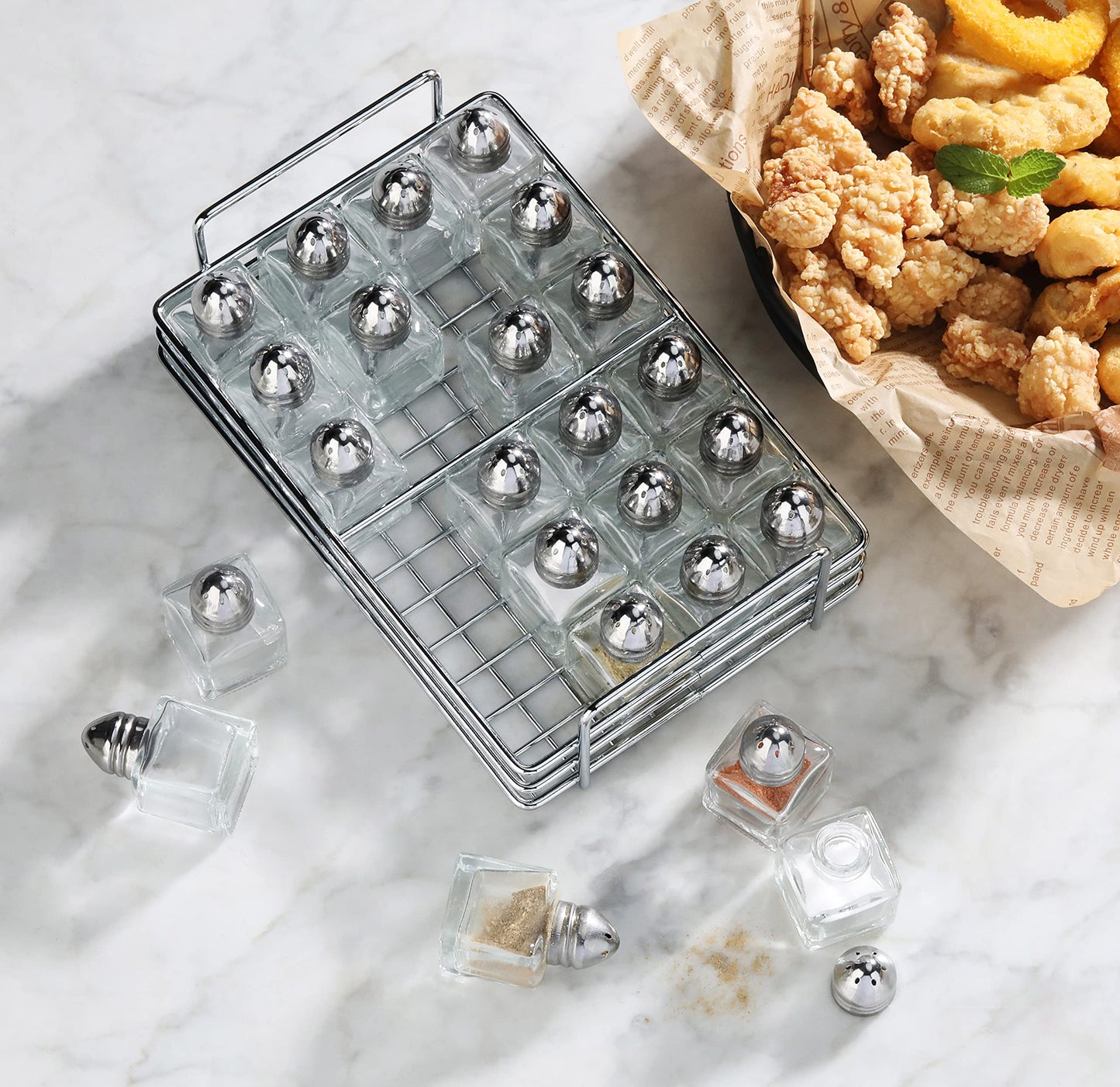 New Star Foodservice Glass Cube Mini Salt and Pepper Shaker with Rack (Silver, Stainless Steel)