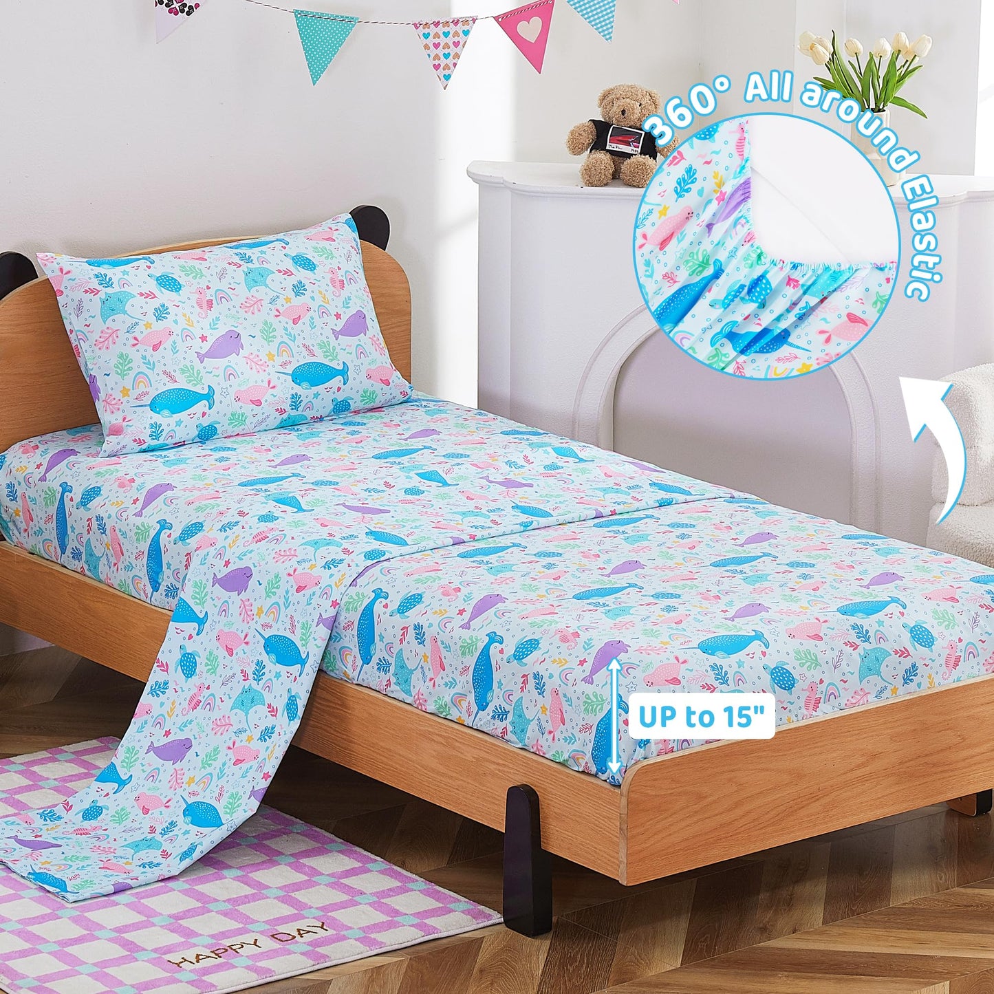 Viviland 3 Pieces Girls Blue Marine Twin Sheet Set - Soft Microfiber Fitted Flat Sheets & Pillowcase Bed Sheet Set - Colorful Marine Animals Print Bedding Sets for Kids