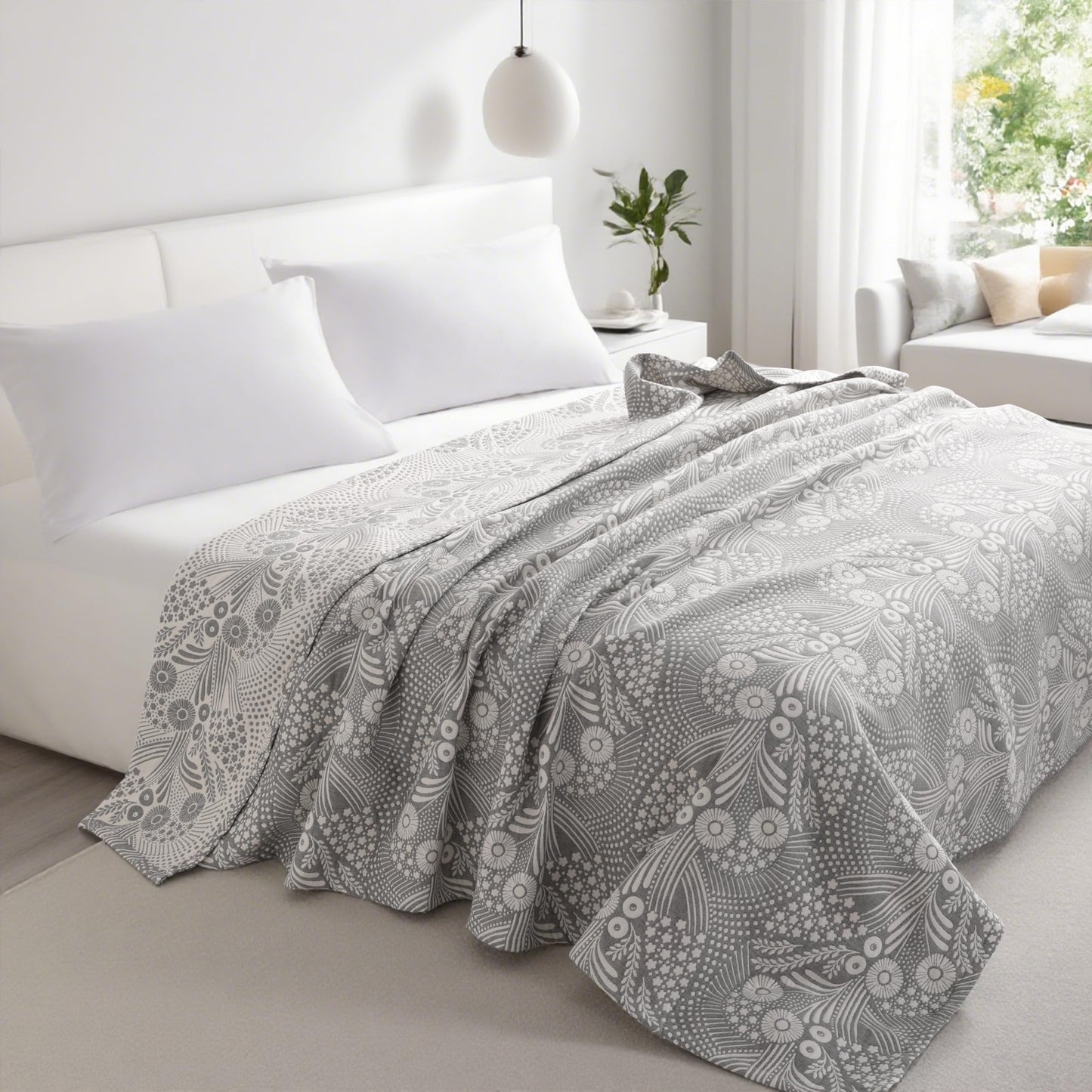 NTBAY 3 Layers Cotton Muslin 106x92 King Bed Blanket, Super Soft Breathable Thermal Yarn Dyed Quilt for Adults, Perfect Lightweight Blanket for Couch Sofa Bed All Seasons, Grey Star and Wheat