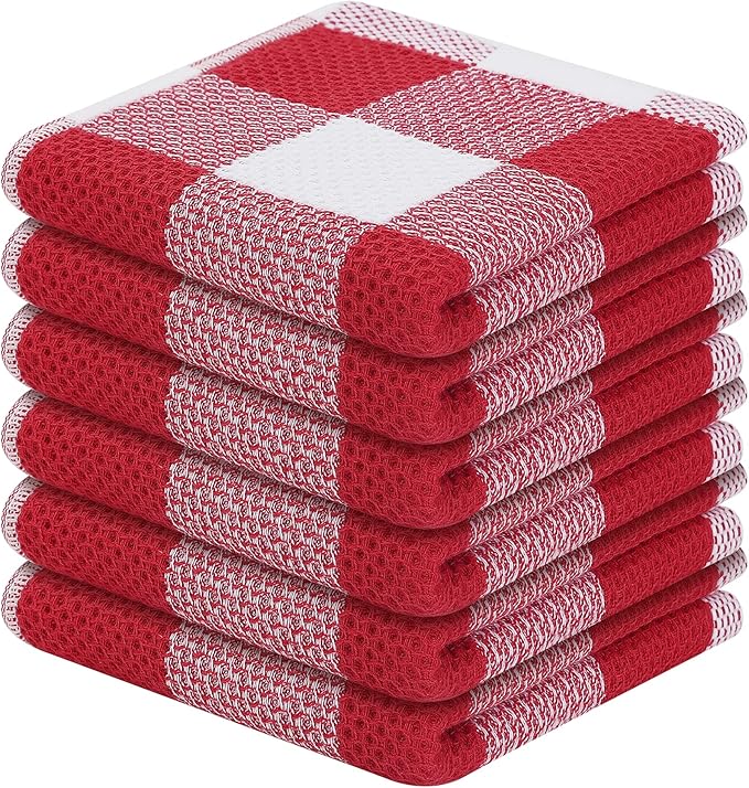 Homaxy 100% Cotton Waffle Weave Check Plaid Dish Cloths, 12 x 12 Inches