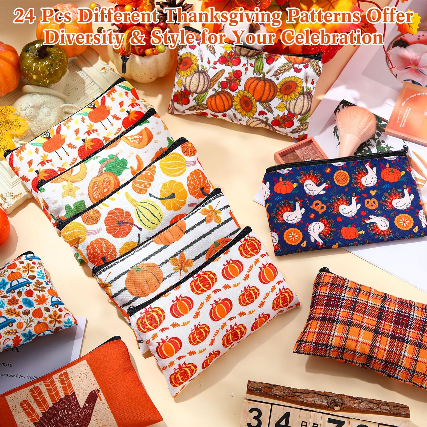 SilTriangle 24 Pieces Makeup Bags Bulk Canvas Cosmetic Bags Purse Organizer Zipper Cosmetic Pouch Portable Travel Toiletry Pouch for Women Men Gifts, 7 x 4 Inch (Thanksgiving)