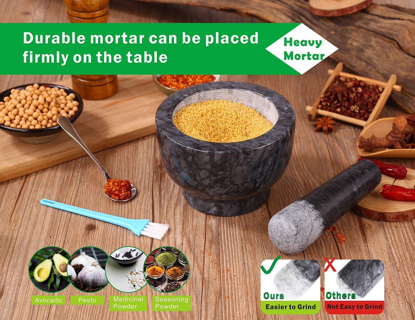 Aisiming Mortar and Pestle Set Polished Natural Marble Guacamole Molcajete Bowl, Spices Grinder with Silicone Pad, Stainless Steel Spoon and Brush, 300ml Capacity Crusher(Medium, Dark Gray)