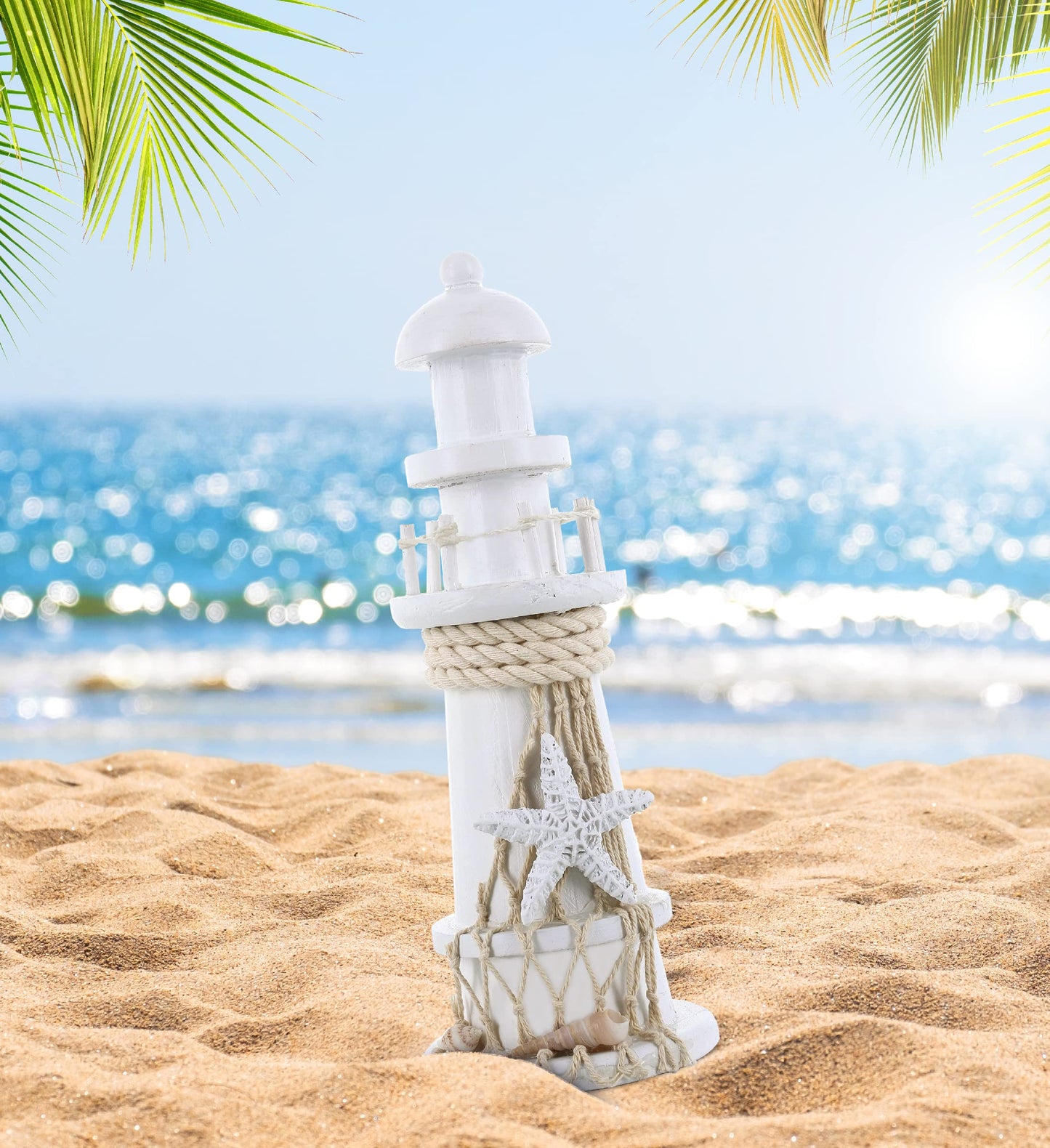 Puzzled COTA Global Small White Wooden Lighthouse Decor - Handmade Wooden Lighthouse Beach Decorations for Home with Decorative Starfish Decor - 8.75 Inches