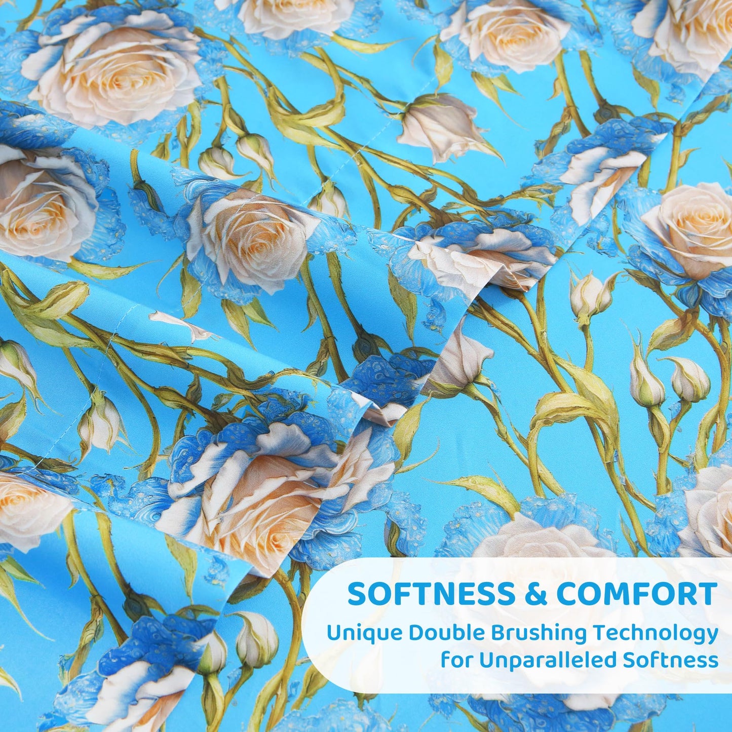 Mooreeke Cozy Floral Microfiber Printed Twin Sheet Set - Soft & Breathable 3D Rose Bed Sheets with Deep Pocket - Non-Slip Fitted Design - Blue White Rose Pattern - Full