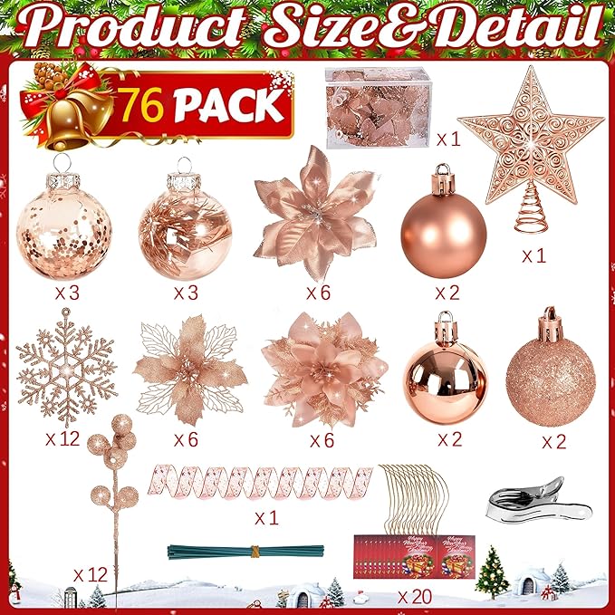 76Pcs Christmas Tree Decorations Set, Rose Gold Assorted Ornaments with Large Shatterproof Plastic Balls, Star Tree Topper, Glitter Berries Stems, Ribbon for Indoor Garland Home Holiday Wedding Decor