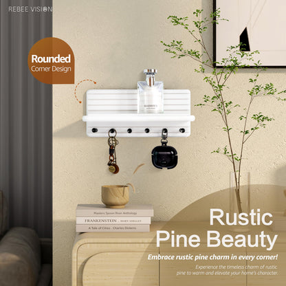 Rebee Vision Decorative Key Holder Wall Mount for Home Organization – 11-inch Pine Wooden Key Holder for Wall with 6 Hooks & Floating Shelf - Modern Farmhouse Home Decor (White)