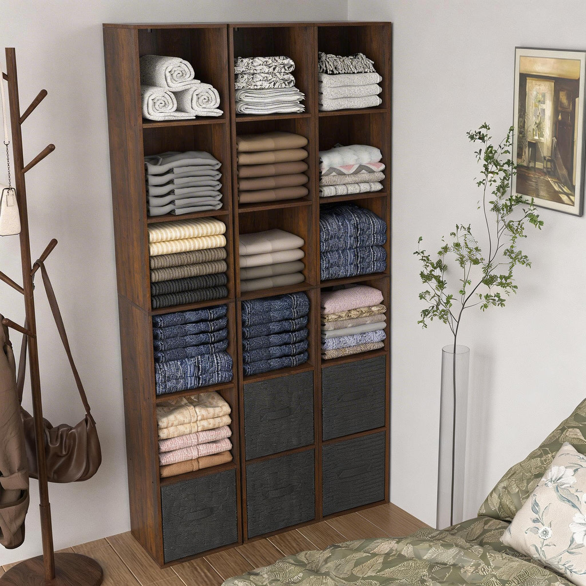 NewBeth 6 Cube Storage Organizer, Narrow Open Shelf Bookcase, Freestanding 6 Tier Low Display Bookshelf for Home Office, Living Room, Bedroom, Dark Brown & Black Walnut