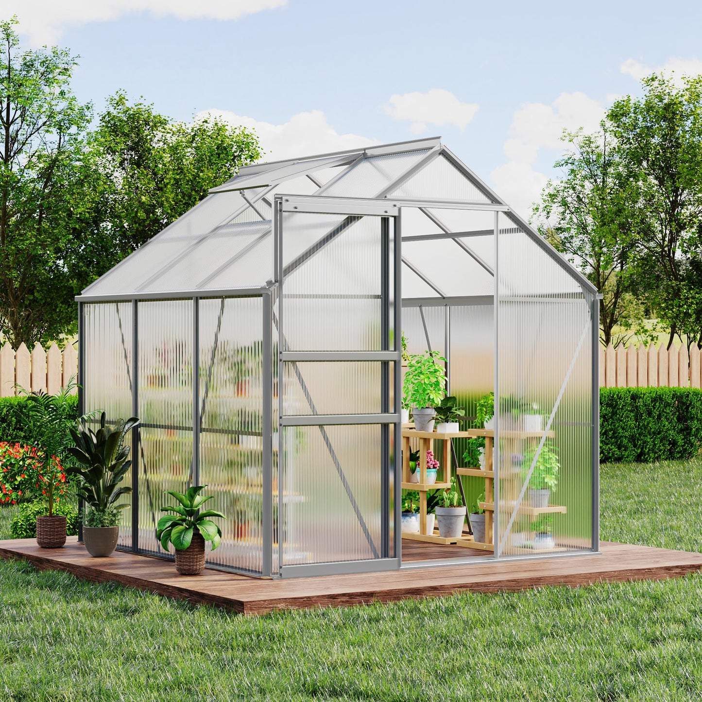 CABIHOME 6 x 6 FT Greenhouses for Outside, Polycarbonate Greenhouse with Aluminum Frame, Sliding Door, Adjustable Roof Vent, Backyard Green Houses, Patio Garden, Black (Silver, 6x6 FT)