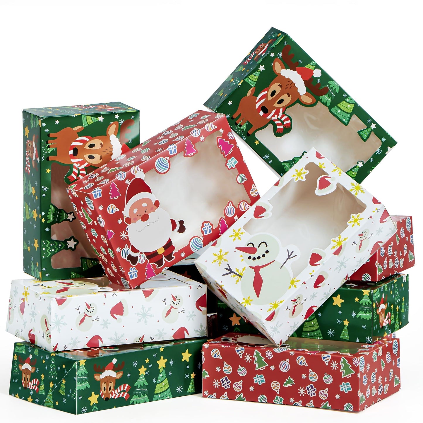 JOYIN 24 PCS Christmas Foil Treats Cookie Gift Boxes (8.75" x 5.75" x 2.75") Colorful Pattern Bakery Box with Window for Xmas Holiday Birthday Party Pastries, Cupcakes, Brownies, Donuts Gift-Giving