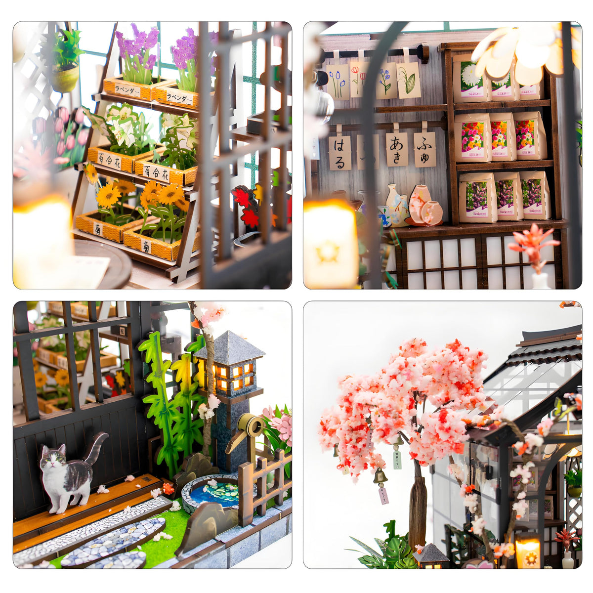 Ahilmrn DIY Miniature Dollhouse Kit Tiny 3D Wooden Puzzle Japanese Sakura Flower House with Furniture LED Light Creative Craft Gift for Adults Home Decor