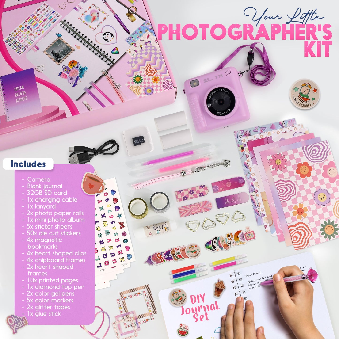 FINcredible Photomaker Kit - Instant Print Camera for Kids Plus DIY Journal Kit for Girls - 150 Pcs Tween Journal & Camera for Girls - 6 7 8 9 10 11 12 13 14 Year Old Girl (Lilac)