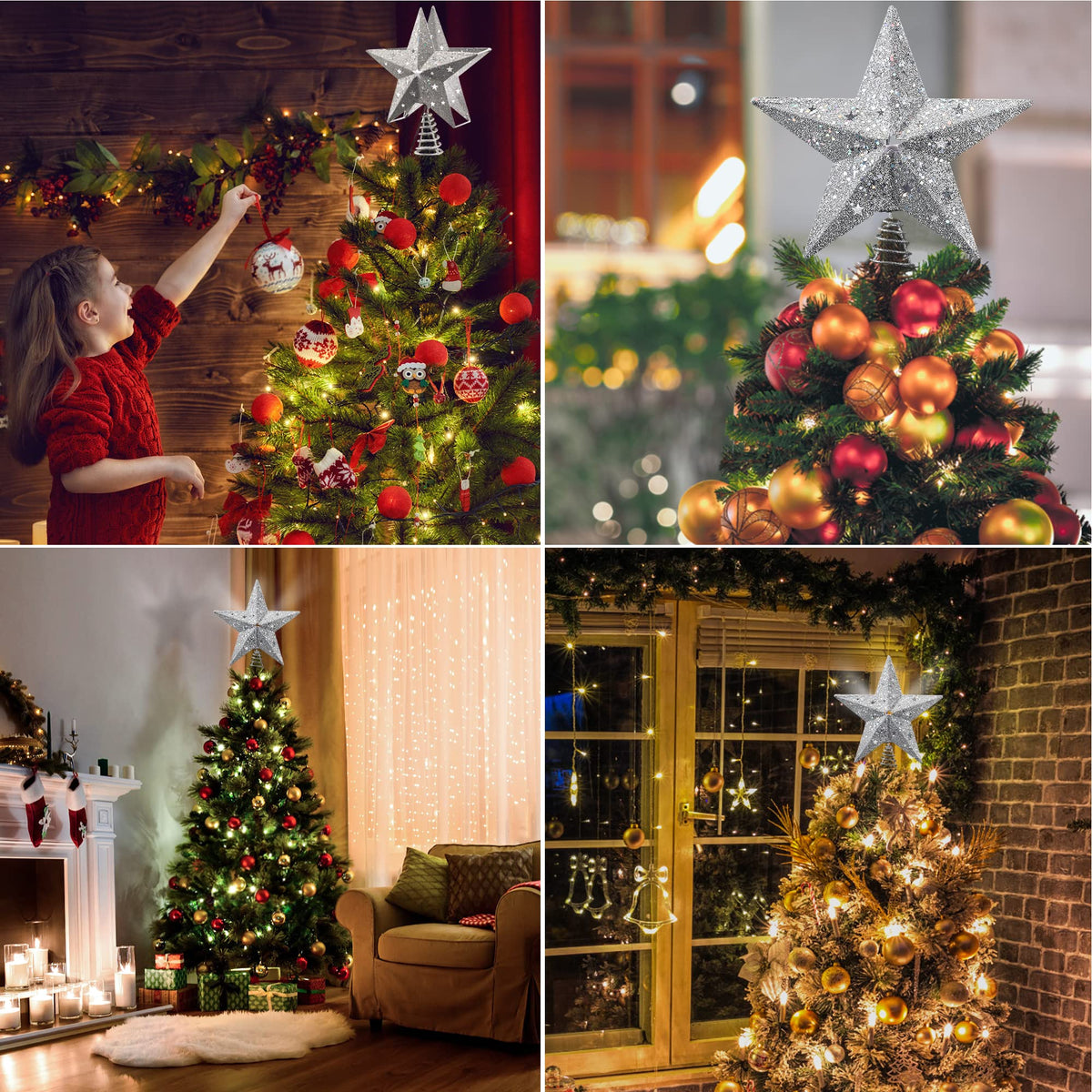 IPOW LED Snowflake Projector Star Christmas Tree Topper, 11.3 Inch Silver Glittered Star Treetop Lighted Rotating Snow Flake for Christmas New Year Holiday Decoration, Night Light Projector for Kids