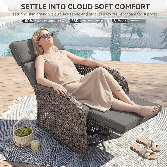 Zero Gravity Patio Swivel Rocking Recliner Chairs Set of 2 - Wicker Outdoor Lounge Chair with Adjustable Backrest & Footrest, All Weather Reclining Rocker Chairs with Thick Cushion for Pool Deck Grey