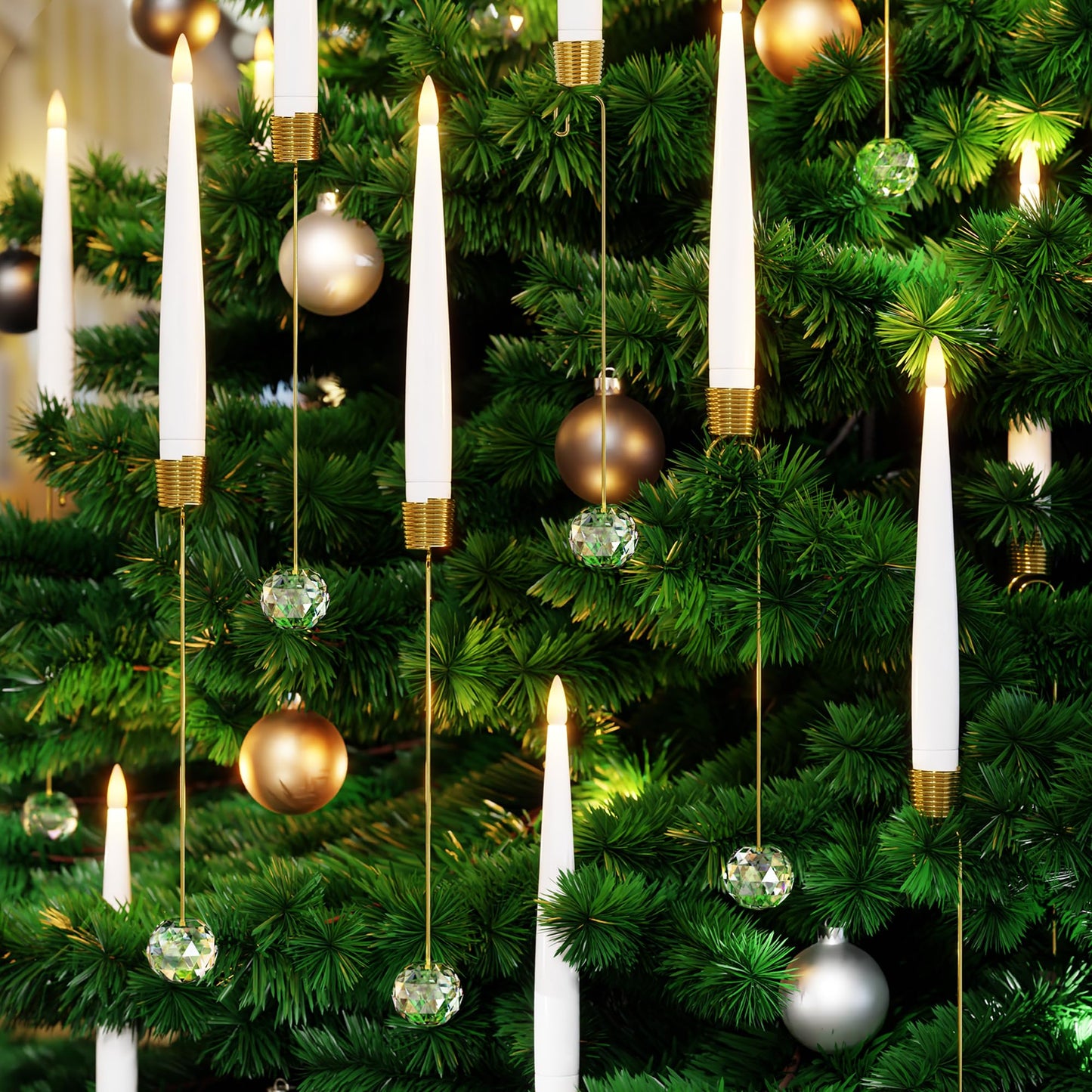 Christmas Tree Candles with Remote, 12 Pack Battery Operated Christmas Candles, LED Candlesticks for Xmas Tree Decoration, Flickering Flameless Candle for Home, Party Decor with Crystal Ball Hooks