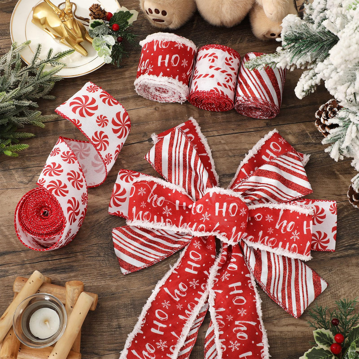 JarThenaAMCS Christmas Wired Edge Ribbon Peppermint Candy Craft Ribbons Pink White Candy Cane Stripe Fabric Ribbon for Wreath Bow DIY Wrapping Party Decor, 4 Rolls, 24 Yard