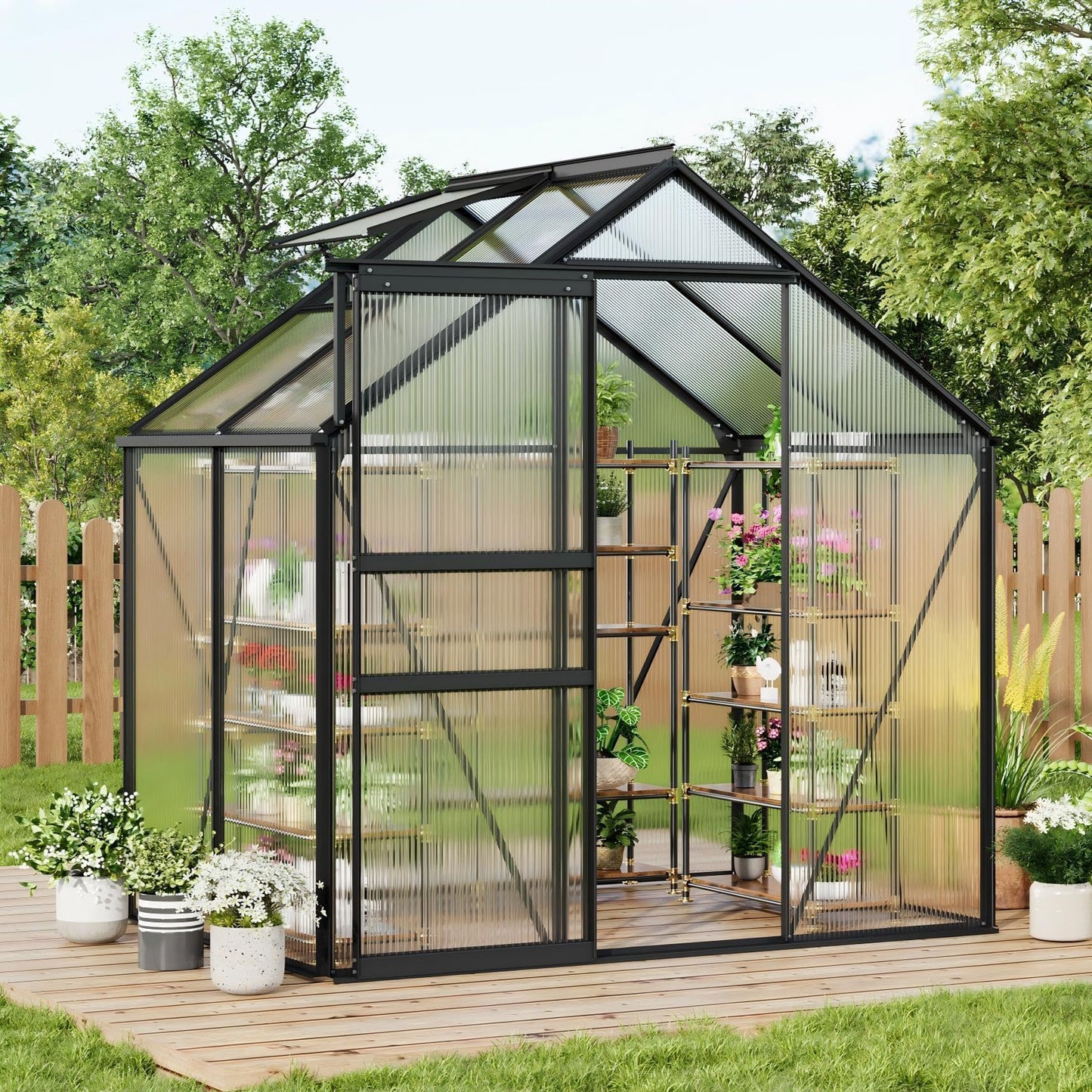 6x4FT Greenhouse for Outdoors, Walk-in Polycarbonate Greenhouse with Sliding Door, Adjustable Roof Vent & Gutter System, Portable Outdoor Green House Kit for Winter Gardening