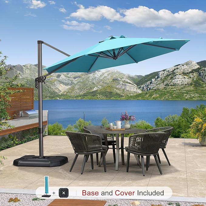 PURPLE LEAF 10 Feet Patio Umbrella with Base and Cover Round Outdoor Cantilever Umbrella Aluminum Offset Umbrella with 360-degree Rotation for Garden Deck Pool Patio Turquoise Blue