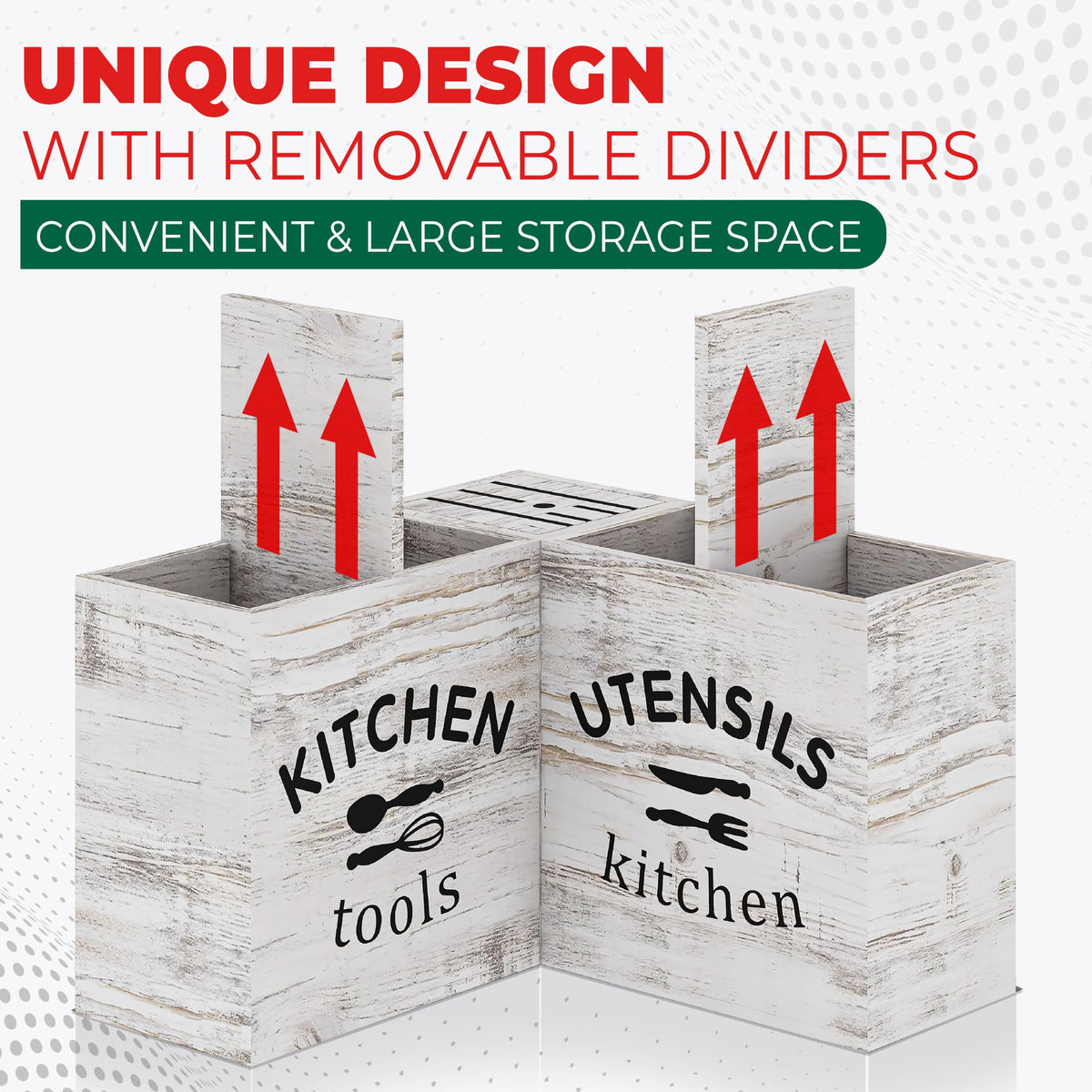 [Upgraded] Extra Large Kitchen Utensil Holder for Countertop with Knife Block, Triangle-Shaped, 5 Compartments, Removable Divider, Wooden Utensil Organizer for Countertop, Farmhouse Kitchen Decor