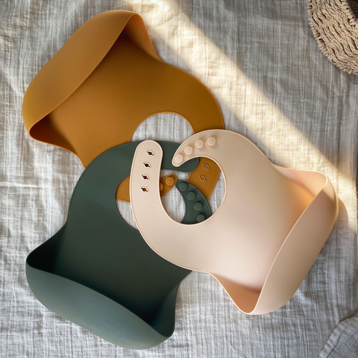 Moonkie Silicone Bibs Set Of 3, BPA Free Soft Adjustable Fit Waterproof Feeding Bibs for Babies and Toddlers(Cream/Buck/Olive Green)