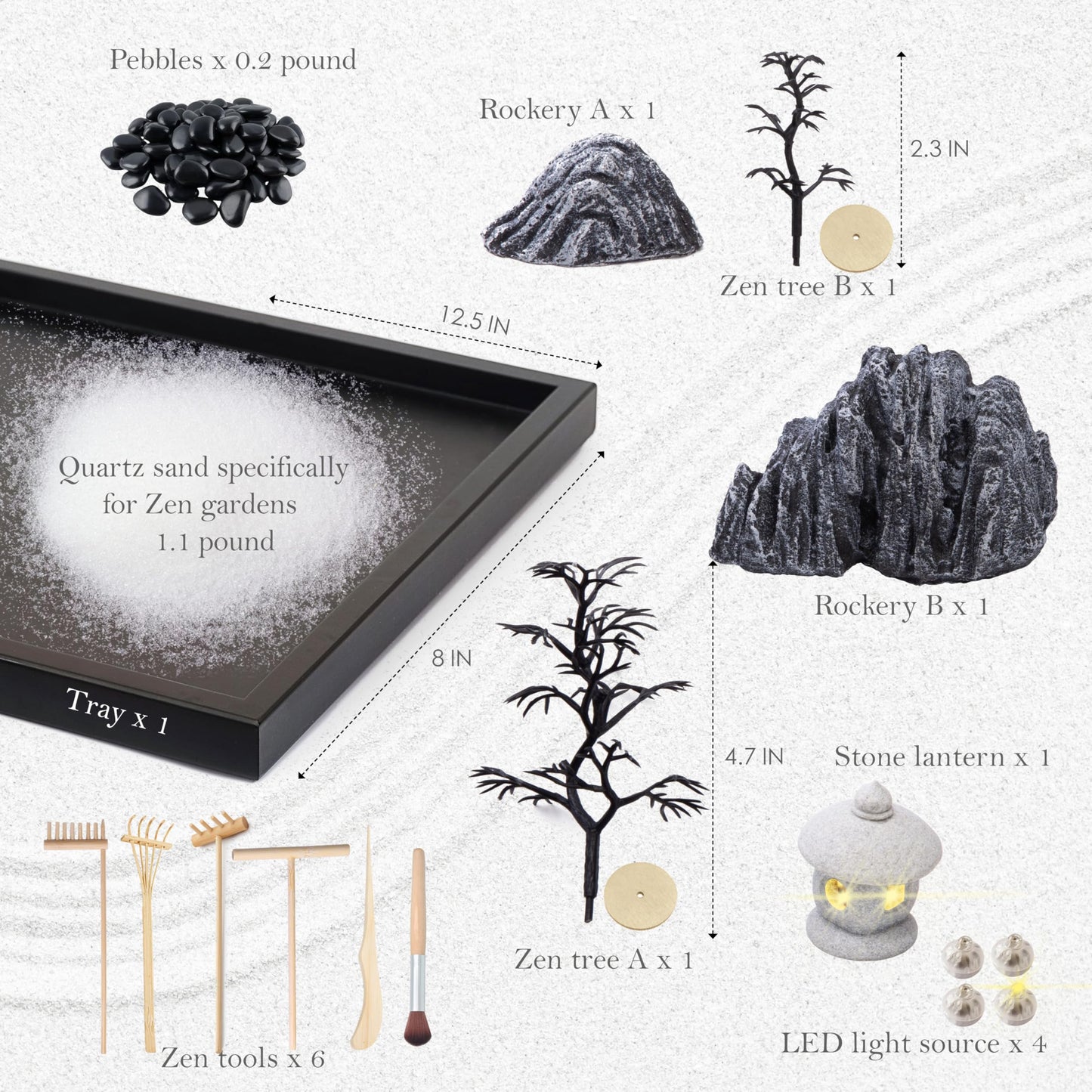 Cularve Illuminated Zen Garden for Desk, Sand Tray Therapy Kit with Glowing Stone Lantern, Japanese Zen Garden Kit, Stress Relief Gifts, Desk Decoration.