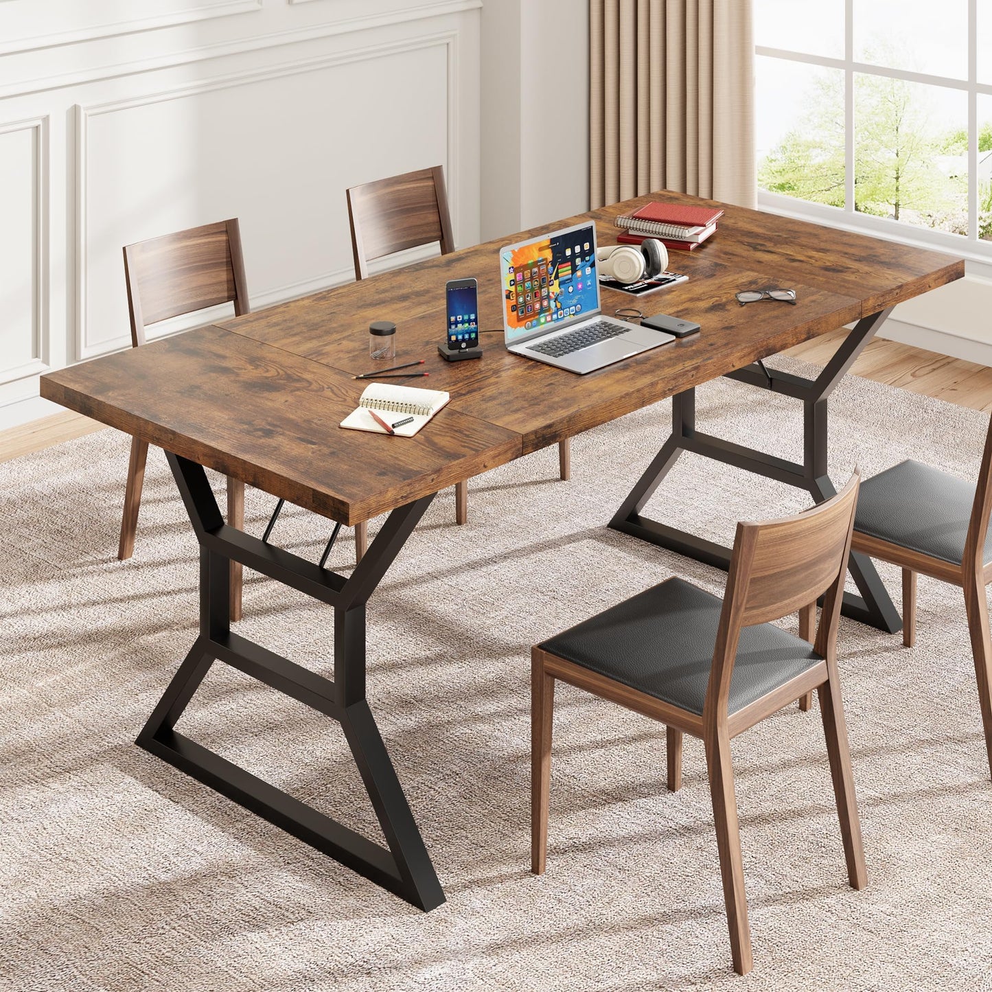 Industrial 71'' Farmhouse Dining Table for 6-8 People - Rustic Distressed Wood Kitchen Table with Black Metal Geometric Base Legs, Large Rectangular Conference Desk for Living Room, Home Office