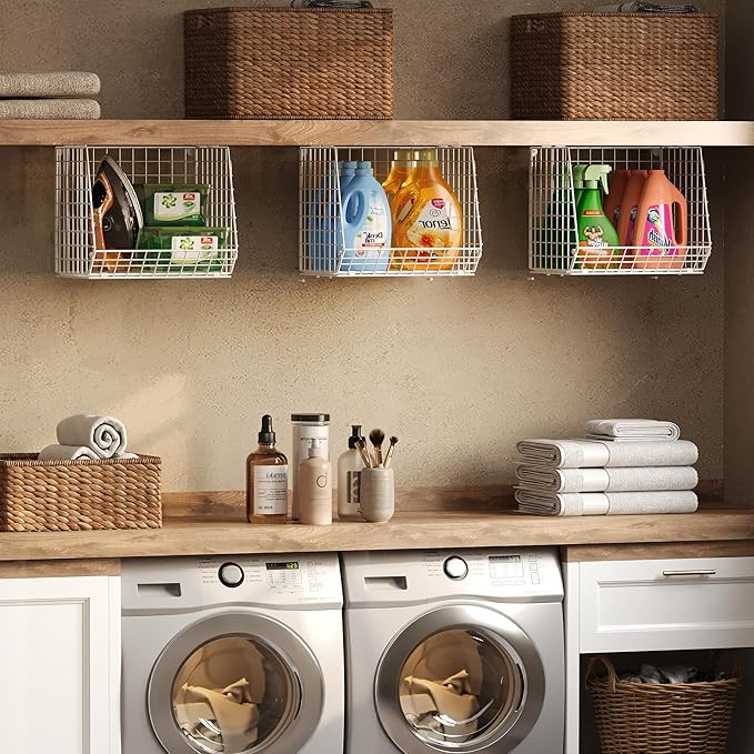 3 Pack Screw Mount Under The Wooden Shelf Laundry Room Organizer: Foldable Wire