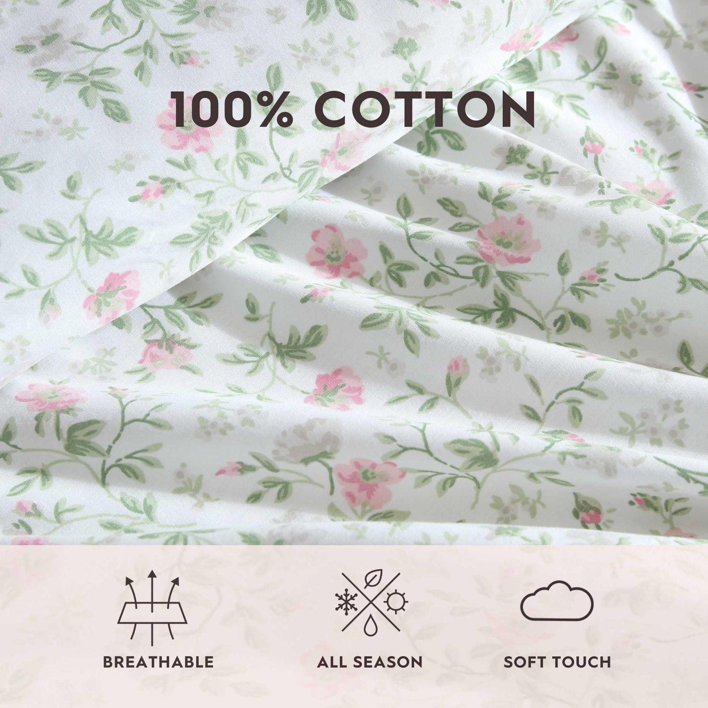 Laura Ashley – Twin Size Sheet Set, Crisp & Lightweight Cotton Percale Bedding with Fitted Sheet and Pillowcase, Floral Room Decor, Deep Pocket, College Dorm Room Essentials (Bonnie Pink)
