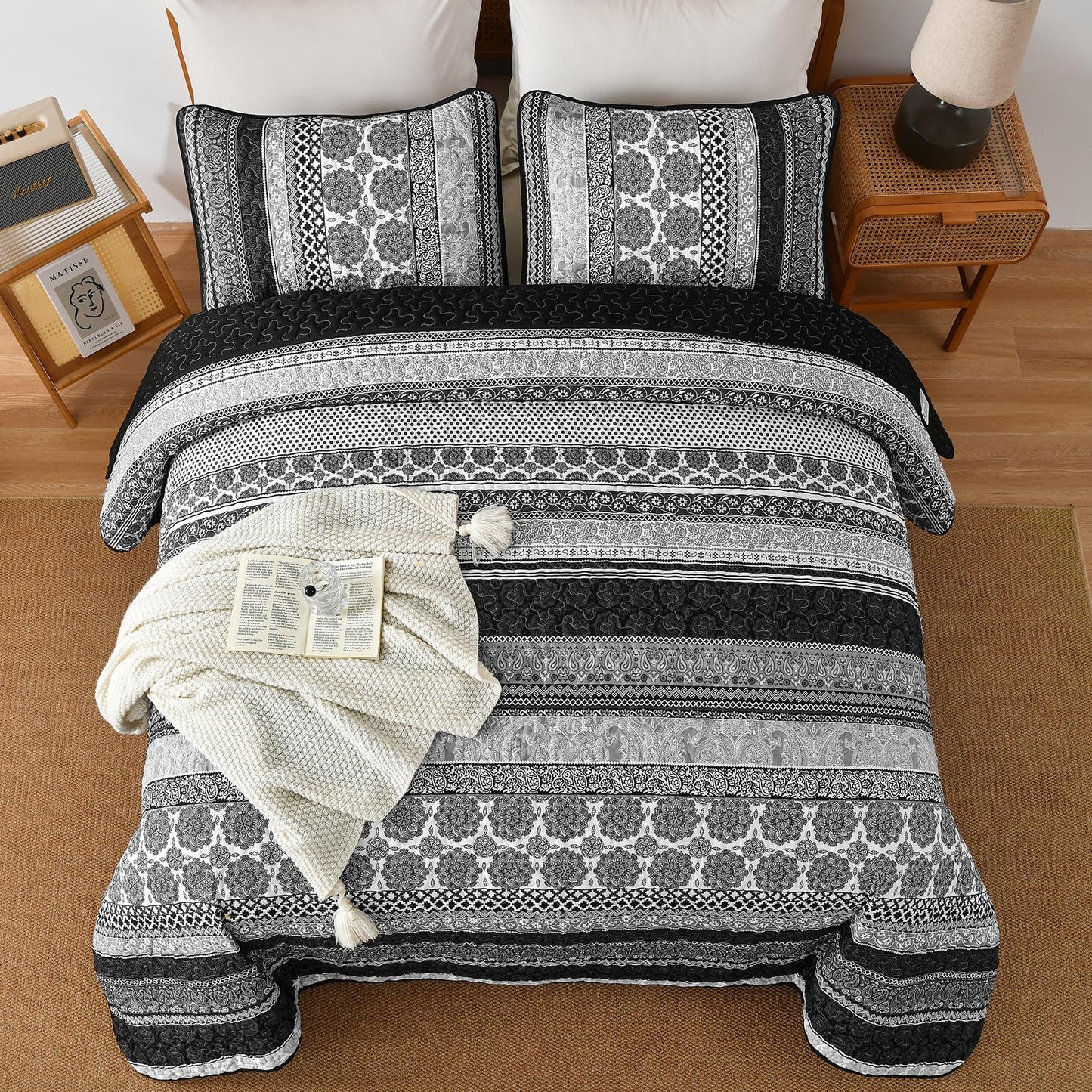 WONGS BEDDING Boho Quilt Set King Size, Grey Bohemian 3 Pieces Quilt Sets, Lightweight Bedspread Coverlet Bedding Set for All Season (104"x90")