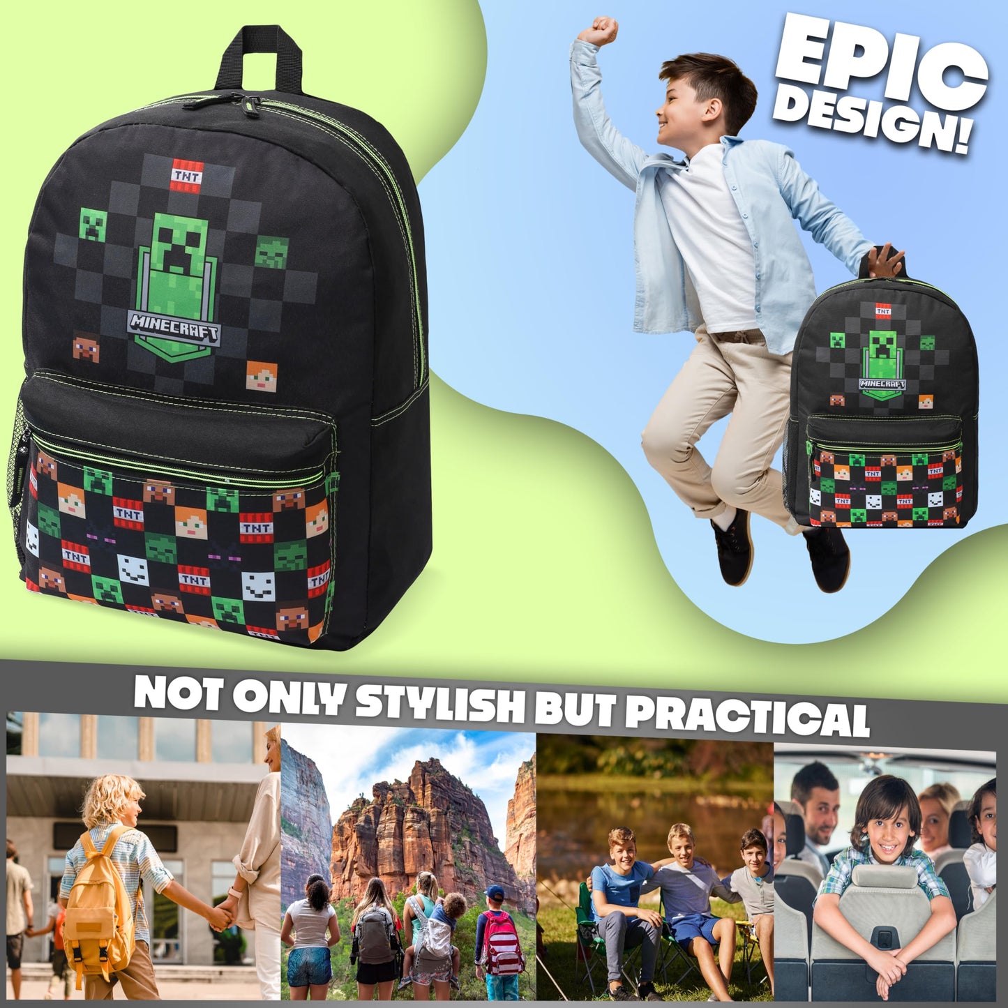 Minecraft Backpack for Kids Teenagers Gaming Rucksack School Bag Creeper Daypack Travel Bag for Days Out PE Sports Gamer Gifts (Black)