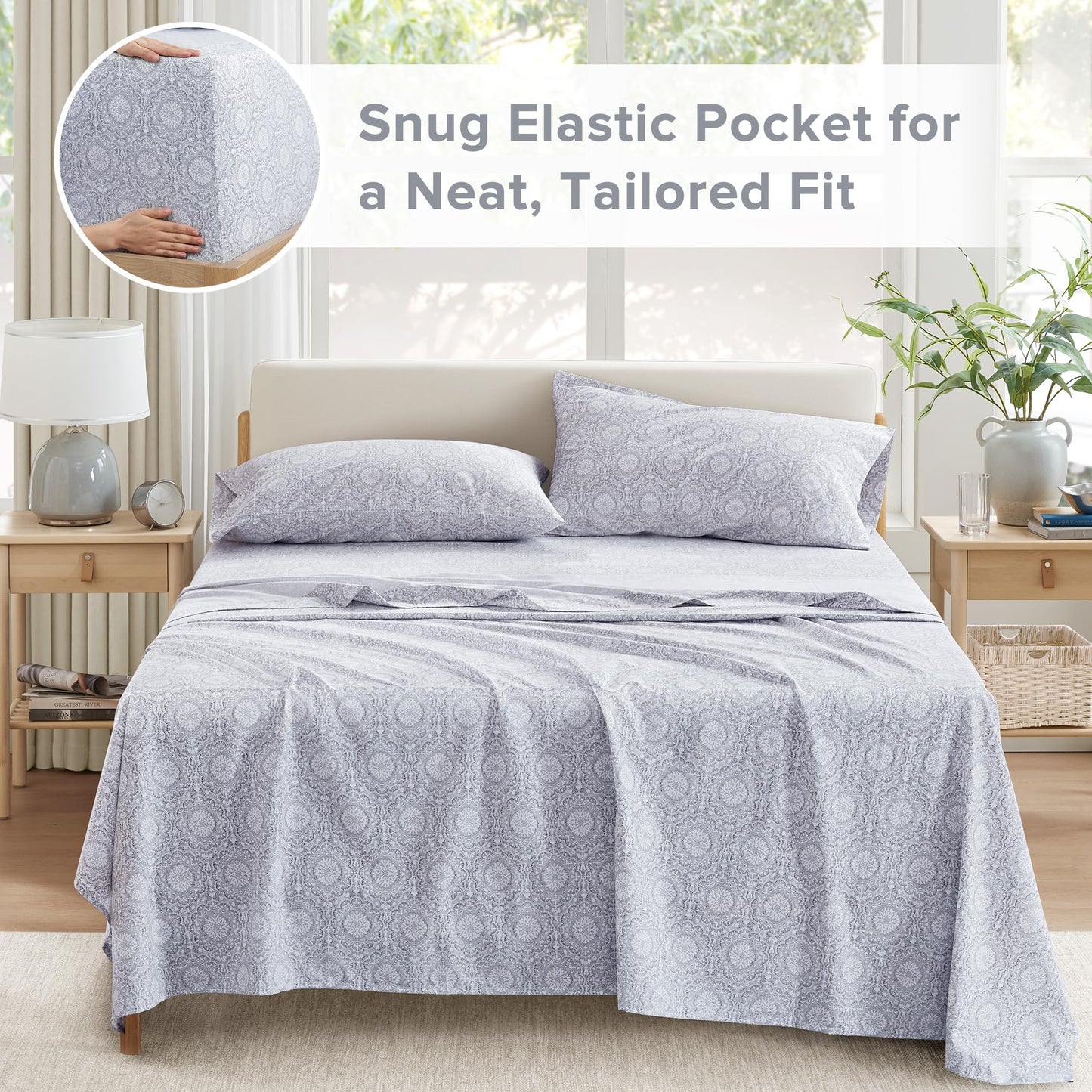 Comfort Spaces 100% Cotton Sheets King, Breathable, Naturally Cool Cotton Sheets, Soft Cotton Bed Sheets with 14" Elastic Pocket Fits up to 16" Mattress, All Seasons Sheet Set, Adelia Gray 4 Piece