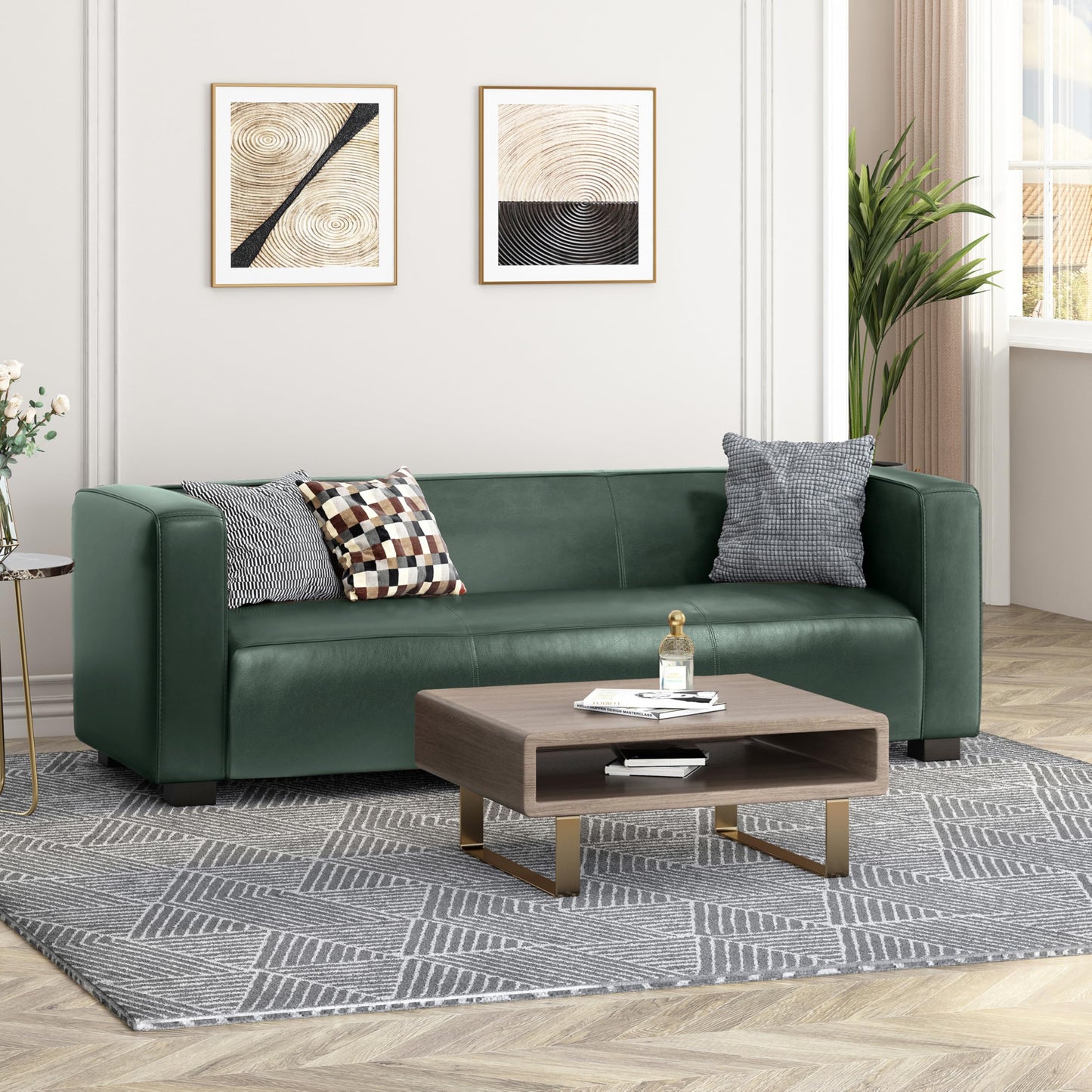 Christopher Knight Home Vevia Faux Leather Sofa, 3 Seater Couch, Upholstered Sofa, Large Lounge Chair, Birch Wood Legs Armchair, Classic Tuxedo Design Couch for Living Room Bedroom, Green