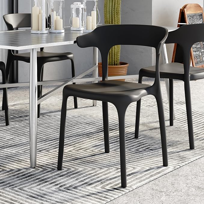 VECELO 4 Pack Plastic Stacking Chairs, Stackable Dining Chairs for Kitchen Restaurant Patio, Portable Indoor Outdoor Use, No Assembly Required, Black