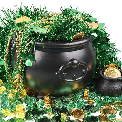 St Patrick's day 8" Black Cauldron Candy Kettle Set with Lucky Shamrock Plastic Coins Shamrock Garlands for St Patty Decorations, St. Patricks Day Party Favor