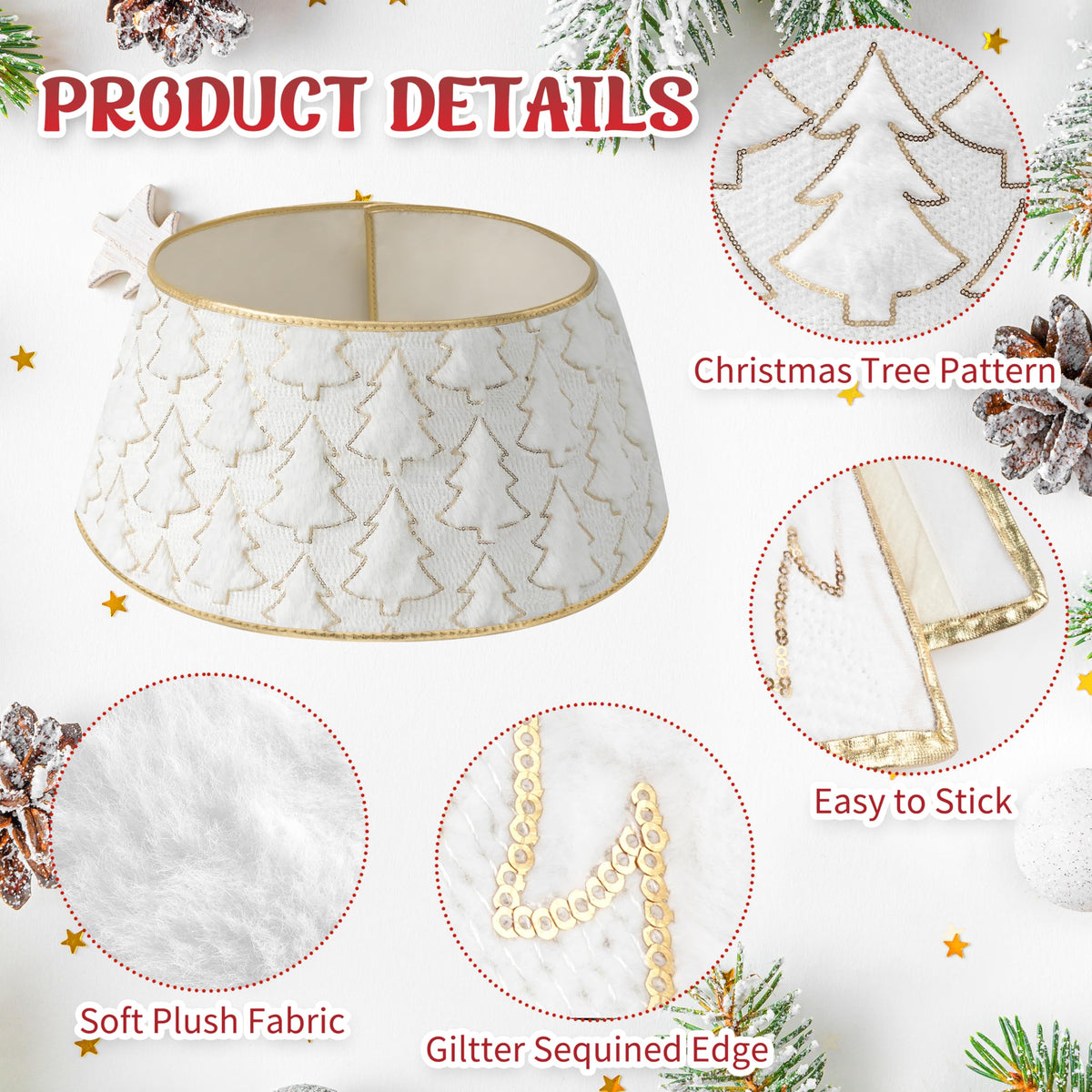 Faux Plush Christmas Tree Collar,Rustic Farmhouse Tree Skirt Ring with Xmas Tree Textured Pattern for Holiday Christmas Indoor Home Decor（White）