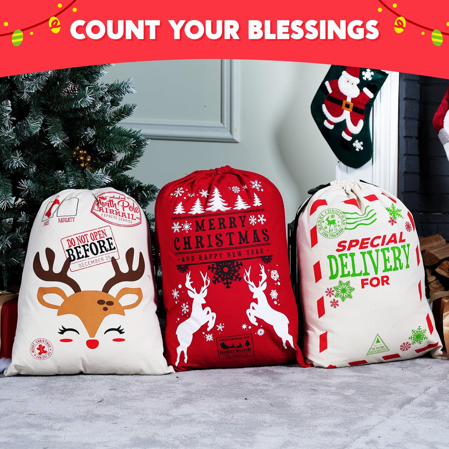 JOYIN 3 Packs Santa Sack, Large Christmas Canvas Gift Bag with Drawstring 26" x 19" for Hoilday Party Supplies, Reusable Personalized Best Gift for Xmas Package Storage, Christmas Event Party Favors