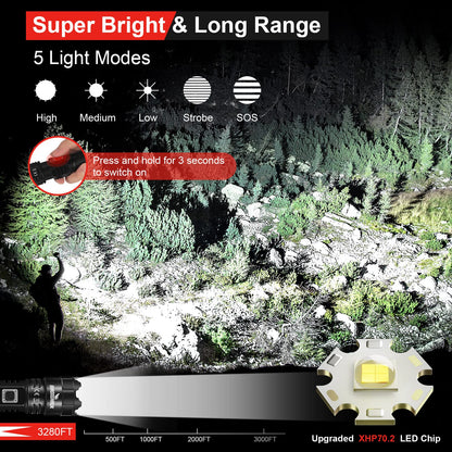 Shadowhawk Torches LED Super Bright, 500000 Lumens Rechargeable LED Torch, USB Tactical Flashlight, XHP70.2, IP67 Waterproof, 5 Light Modes Zoomable, for Camping Hiking Emergency