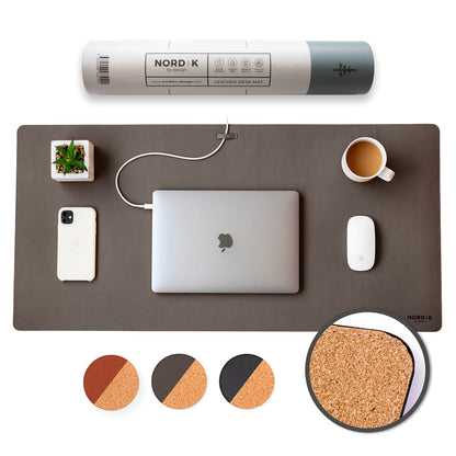 Nordik Cork Leather Desk Mat Cable Organizer - Gunmetal Grey 35 X 17 inch - Premium Extended Mouse Mat for Home Office Accessories - Non-Slip Vegan Leather Desk Pad Protector & Desk Blotter Pad