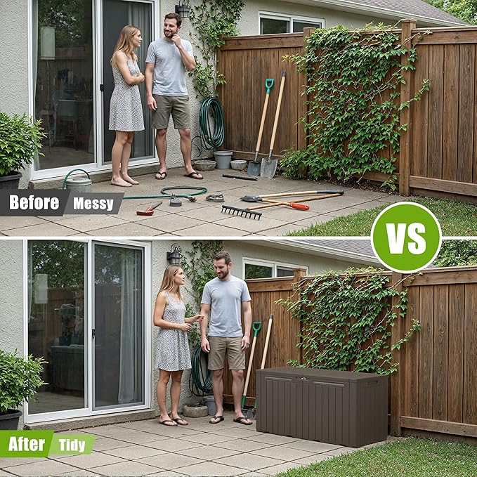 Flamaker Resin Deck Box 100 Gallon Large Lockable Outdoor Storage Box Waterproof for Patio Cushions, Tools, Pool Accessories (Deep Brown)